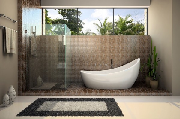 Mosaic tile glass shower surround soaking tub